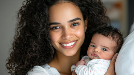 A content Indian mother smiles while holding her newborn in a hospital.の素材