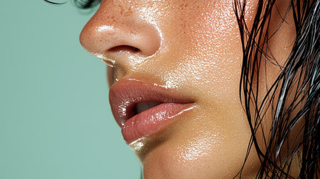A close-up image of moist lips and dewy skin with a glossy, hydrated texture, highlighting natural beauty.の素材