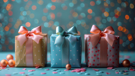 A set of beautifully wrapped gift boxes with bows, adorned with polka dots, set against a background of soft bokeh lights.の素材