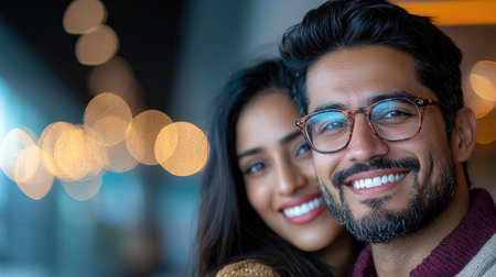 An Indian couple with joyful expressions sharing a close moment in a cozy environment.の素材