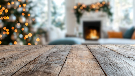 An empty wooden tabletop presents a perfect display space against a blurred festive Christmas background with a glowing fireplace and twinkling lights.の素材