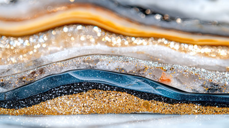 A high-end luxury background featuring layered marble, gold, and sparkling diamonds with glitter accents.の素材