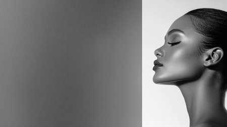 A striking side profile of an elegant woman featuring bold makeup against a vibrant gradient backdrop.の素材