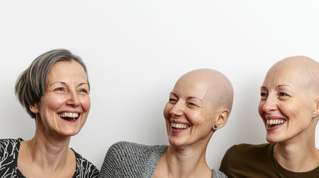 Three bald female cancer patients share a joyful moment, smiling together against a white background.の素材