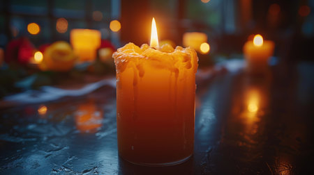 A close-up of a candle flame burning brightly in a dark room, creating a solemn and reflective atmosphere suitable for funeral and memorial services.の素材