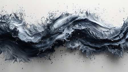 A dynamic Asian brush stroke in black ink with splashes, isolated on a white background, creating an energetic and expressive artistic effect.の素材