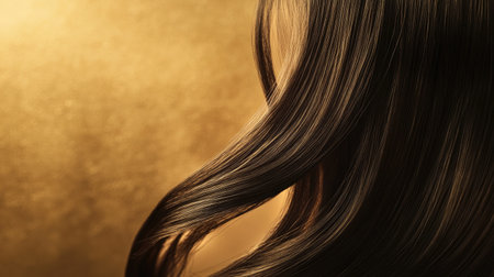 A close-up image showcasing glossy brunette hair illuminated by warm golden bokeh lights, highlighting the hair's luxurious texture and shine.の素材