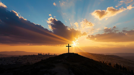 A dramatic silhouette of a cross at sunset over Jerusalem, symbolizing faith and resurrection.の素材