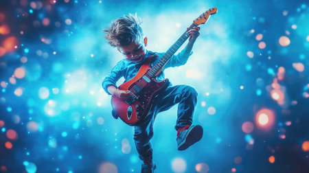 A young boy energetically plays an electric guitar on a stage filled with vibrant lights, showing his passion and talent.の素材