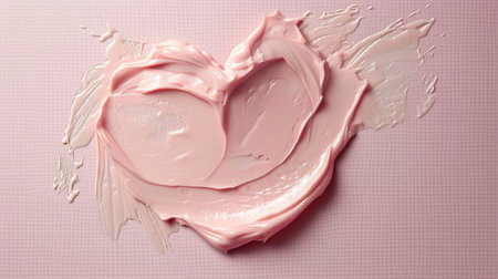 An artistic depiction of a cosmetic cream smear in the shape of a heart, isolated on a pink background, showing casing smooth and elegant texture.の素材