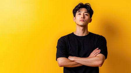An Asian male displays a serious expression and a confident, focused demeanor in this professional portrait.の素材
