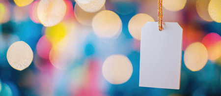 A blank white tag mockup hangs in a colorful, vibrant store, ideal for sale promotions and festive offers.の素材