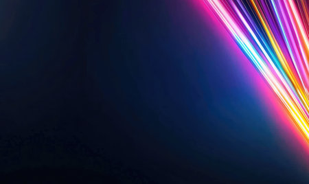 A vibrant abstract image featuring colorful neon light rays creating a dynamic burst of speed and energy.の素材