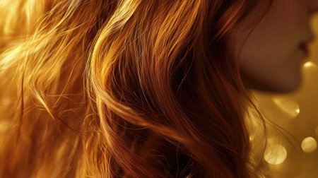A luxurious close-up of wavy red hair, illuminated by warm golden bokeh lights, showing natural beauty and elegance.の素材