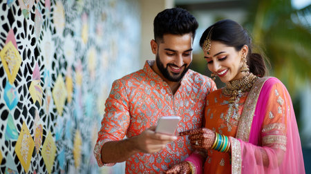 An elegant Indian couple in traditional festive clothing enjoying online shopping together on their smartphones during Diwali. A.I.の素材