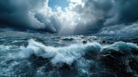 A powerful ocean storm brews under dark, ominous clouds as waves crash fiercely against the turbulent sea.の素材