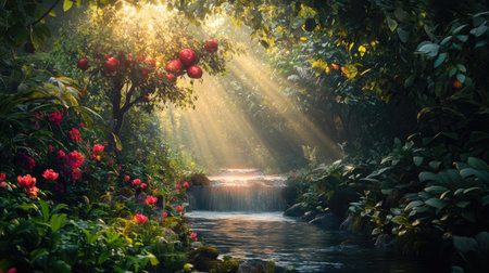 A breathtaking depiction of the Garden of Eden, filled with vibrant greenery, serene waters, and divine sunlight.の素材