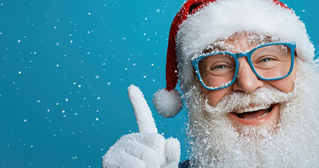 A joyful Santa Claus in snowy weather points upwards, signaling festive promotions.の素材