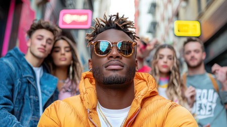 A vibrant group of diverse young adults shares laughter in an urban setting.の素材