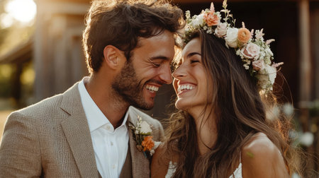 A joyful bride and groom share a moment of laughter and love at their rustic barn wedding.の素材