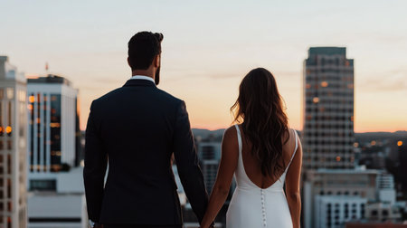 A bride and groom share a romantic moment on a city rooftop at sunset, celebrating their modern wedding.の素材