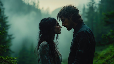 An intimate moment between a bride and groom surrounded by serene forest beauty.の素材