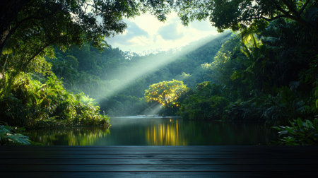 A breathtaking depiction of the Garden of Eden, filled with vibrant greenery, serene waters, and divine sunlight.の素材