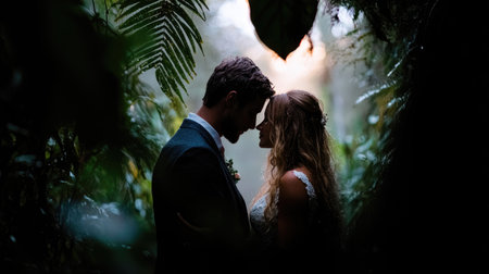 An intimate moment between a bride and groom surrounded by serene forest beauty.の素材