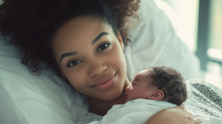 Tender moment as a young African American mother cradles her newborn.の素材