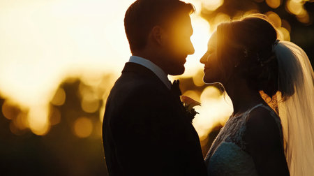 An elegant bride and groom share a tender moment at their sunset beach wedding.の素材