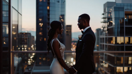 A bride and groom share a romantic moment on a city rooftop at sunset, celebrating their modern wedding.の素材