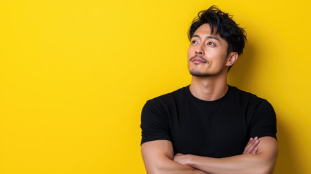 An Asian male displays a serious expression and a confident, focused demeanor in this professional portrait.の素材