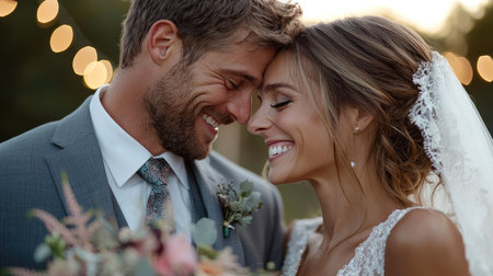 A joyful bride and groom share a moment of laughter and love at their rustic barn wedding.の素材