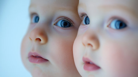 A close-up image of two twin babies with blue eyes and soft skin, capturing their innocence and connectionの素材