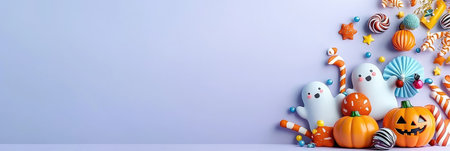 Charming Halloween scene featuring pumpkins and a cute ghost on a soft pastel background, ideal for seasonal promotions and marketing.の素材