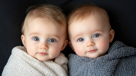 Two happy identical twin babies smiling warmly, capturing the essence of love and togetherness.の素材