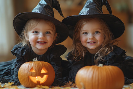 Two adorable toddlers dressed as witches joyfully interact with glowing carved pumpkins, celebrating Halloween at home.の素材