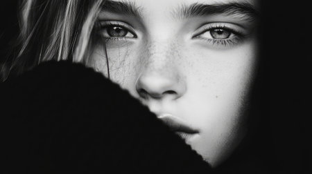 A powerful black-and-white portrait emphasizing the subject's intense gaze and detailed facial features.の素材