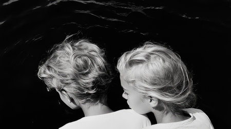 A calm and abstract black-and-white photograph of twins, focusing on the harmony of shapes, textures, and hair care.の素材