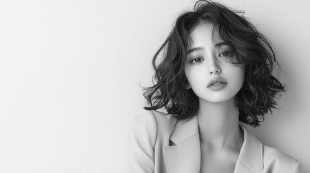 An Asian fashion model with flawless skin poses elegantly in a studio shot.の素材