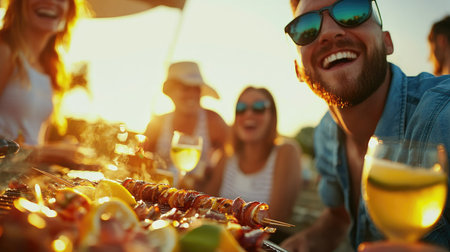 A diverse group of friends shares laughter and good food at a lively summer barbecue outdoors.の素材