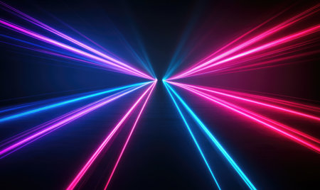 A vibrant abstract image featuring colorful neon light rays creating a dynamic burst of speed and energy.の素材