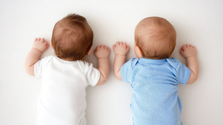 A minimalist portrait of newborn twin brothers viewed from behind, dressed in matching white and blue outfits.の素材