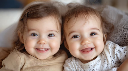 Two happy identical twin babies smiling warmly, capturing the essence of love and togetherness.の素材