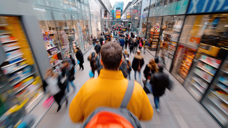 Shoppers hustle through a mall, seeking deals on Black Friday.の素材