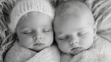 A serene black-and-white portrait of twin babies peacefully sleeping, capturing innocence and tranquilityの素材