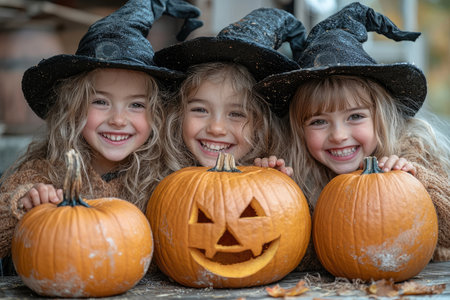 Happy children in witch costumes smile together with Halloween pumpkins, celebrating the festive season.の素材