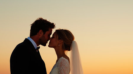 An elegant bride and groom share a tender moment at their sunset beach wedding.の素材