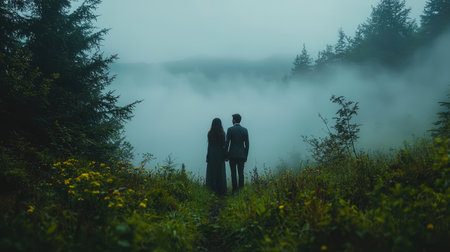 An intimate moment between a bride and groom surrounded by serene forest beauty.の素材