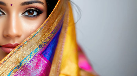 An Indian woman's eyes captivate behind her golden and pink saree.の素材